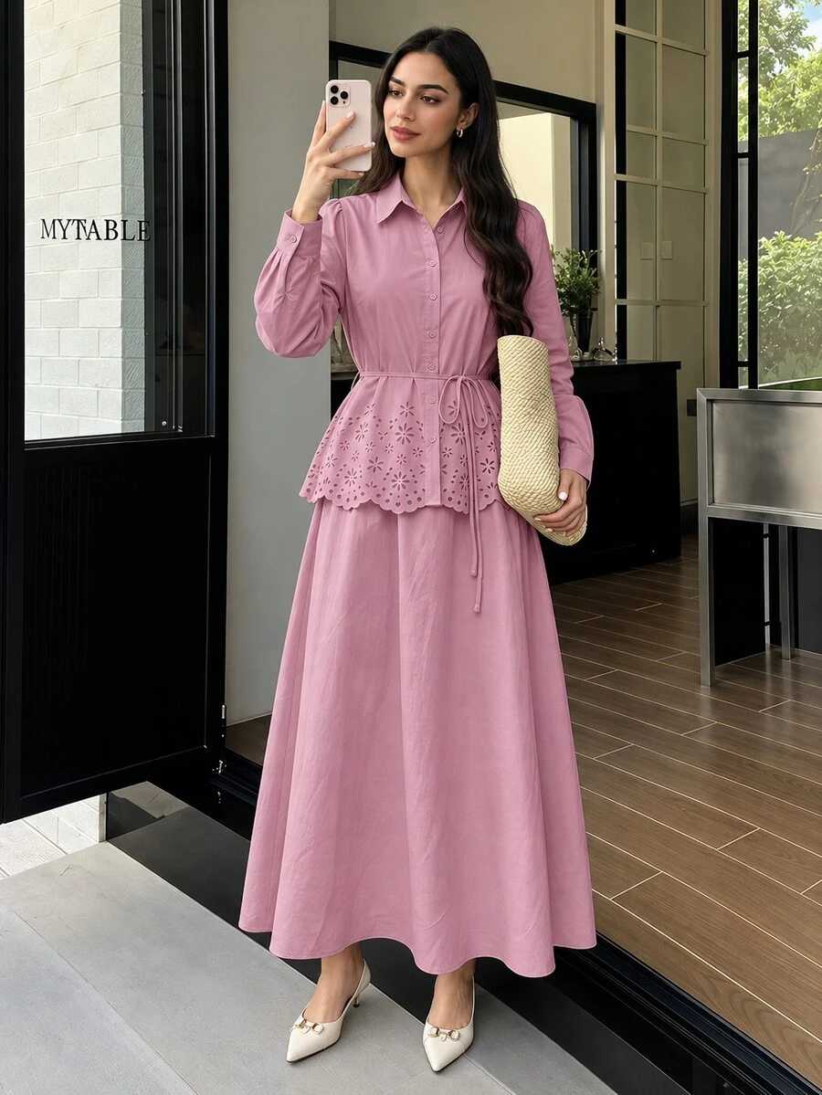 Solavon 女款鏤空花卉圖案腰結長袖上衣與裙子時尚度假兩件套 約會粉色秋季優雅