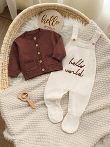 SHEIN Newborn Baby Green Sweater Set, Round Neck Long Sleeve Pocket Cardigan + Striped Suspender Romper, 2 Pieces Set - Brown - View 1