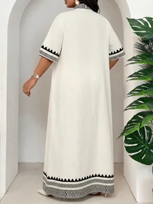 SHEIN Lady 大尺碼女款幾何印花開襟短袖上衣＋長褲休閒波西米亞優雅度假正式派對兩件套，黑白配色，夏季 - 彩色 - 查看 2