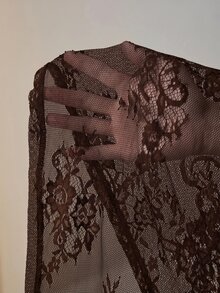 Mulvari Women's Contrast Lace Long Sleeve Loose Fit Abaya Formal Christening Guest Black Fall Modest Elegant Ninang Wedding Night - Coffee Brown - View 10