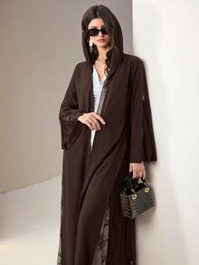 Mulvari Women's Contrast Lace Long Sleeve Loose Fit Abaya Formal Christening Guest Black Fall Modest Elegant Ninang Wedding Night - Coffee Brown - View 6