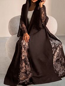 Mulvari Women's Contrast Lace Long Sleeve Loose Fit Abaya Formal Christening Guest Black Fall Modest Elegant Ninang Wedding Night - Coffee Brown - View 2