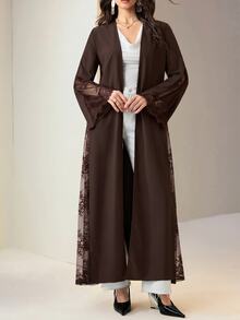 Mulvari Women's Contrast Lace Long Sleeve Loose Fit Abaya Formal Christening Guest Black Fall Modest Elegant Ninang Wedding Night - Coffee Brown - View 4