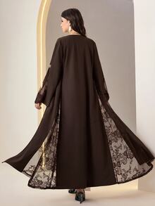 Mulvari Women's Contrast Lace Long Sleeve Loose Fit Abaya Formal Christening Guest Black Fall Modest Elegant Ninang Wedding Night - Coffee Brown - View 9
