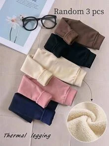 SHEIN Tween女孩秋冬日常百搭極簡風保暖內裡加厚緊身褲 3件/包，黑色、皇家藍、粉色，隨機3件 - 彩色 - 查看 4