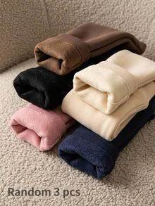 SHEIN Tween女孩秋冬日常百搭極簡風保暖內裡加厚緊身褲 3件/包，黑色、皇家藍、粉色，隨機3件 - 彩色 - 查看 3