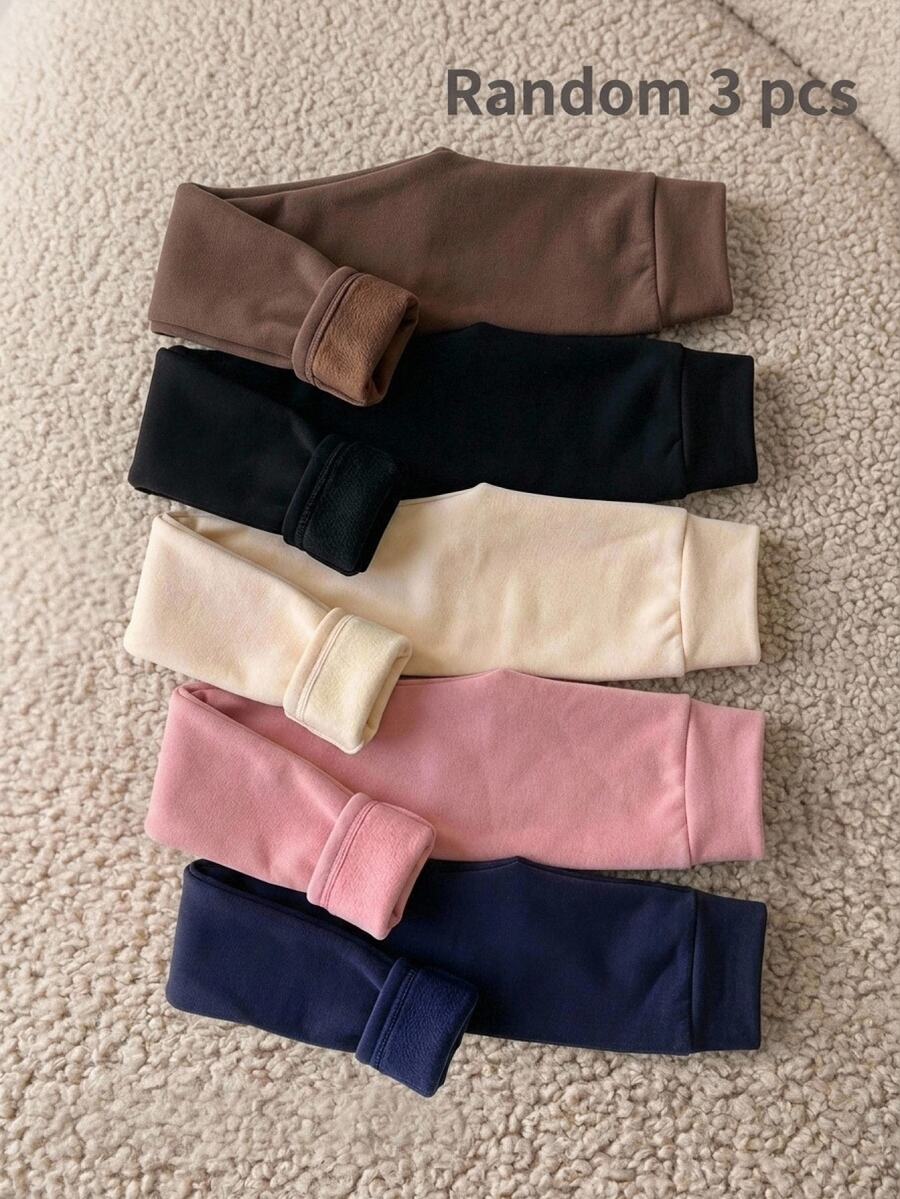 SHEIN Tween女孩秋冬日常百搭極簡風保暖內裡加厚緊身褲 3件/包，黑色、皇家藍、粉色，隨機3件 - 彩色 - 查看 1