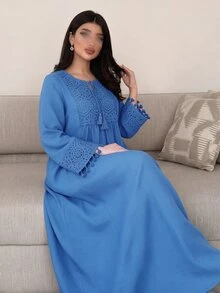 Mulvari Women's Spring/Autumn Tie-Neck Embroidered Patchwork Textured Fabric Blue Dress Vacation Going Out Casual - Blue - View 5