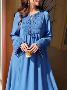 Mulvari Women's Spring/Autumn Tie-Neck Embroidered Patchwork Textured Fabric Blue Dress Vacation Going Out Casual - Blue - View 6