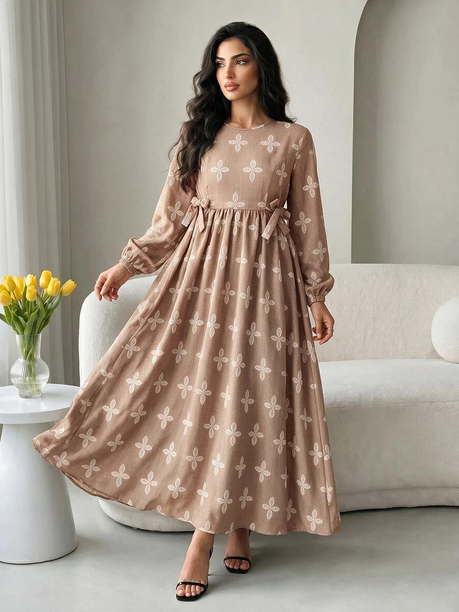 Al Najma 女款花卉圖案腰部蝴蝶結優雅現代菲律賓風保守休閒阿拉伯式禮服 正式領聖體禮畢業晨禮白色秋季洋裝 - 彩色 - 查看 1