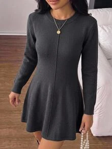 Teen Girl Solid Color Round Neck Casual Daily Summer Knit Dress - Grey - View 7