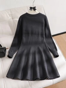 Teen Girl Solid Color Round Neck Casual Daily Summer Knit Dress - Grey - View 2