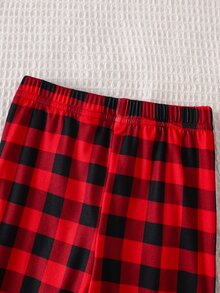 女童泰迪熊圖案水牛格紋睡衣套裝，長袖上衣與長褲 2 件套，休閒居家修身睡衣 - 紅白色 - 查看 7