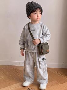 2pcs/Set Baby Boy Autumn/Winter Casual Slogan Print Long Sleeve Sweatshirt And Pants Set - Multicolor - View 4