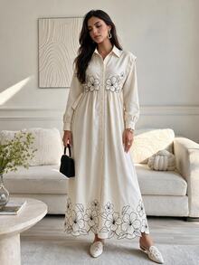 Solavon Women's Floral Embroidery Ruffle Collar Single-Breasted Long Casual Dress Elegant - Multicolor - View 1