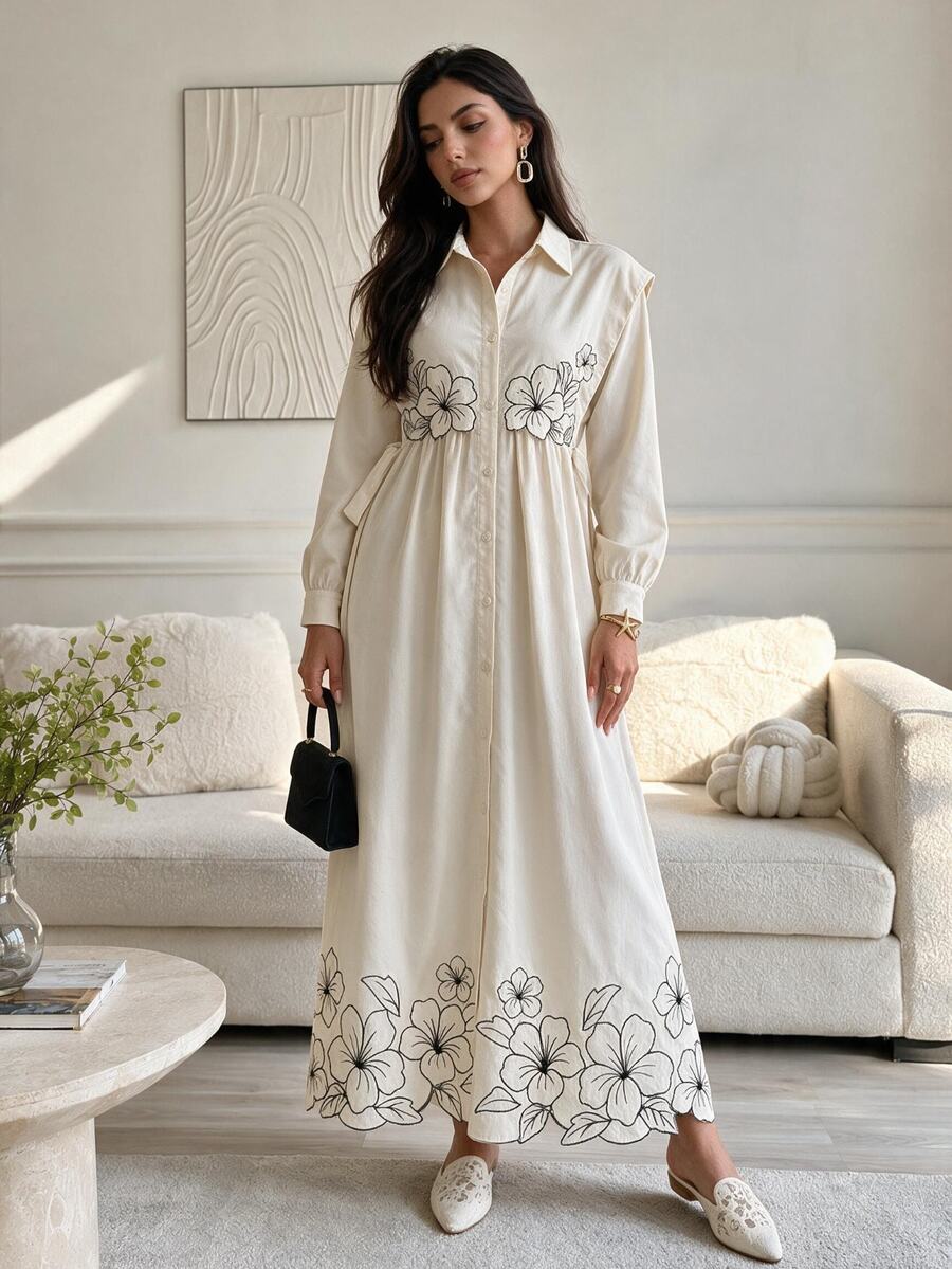 Solavon Women's Floral Embroidery Ruffle Collar Single-Breasted Long Casual Dress Elegant - Multicolor - View 1