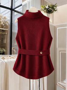 Graceveil Women's Lace-Up High Neck Premium Sleeveless Sweater Vest, Autumn/Winter - Burgundy - View 3