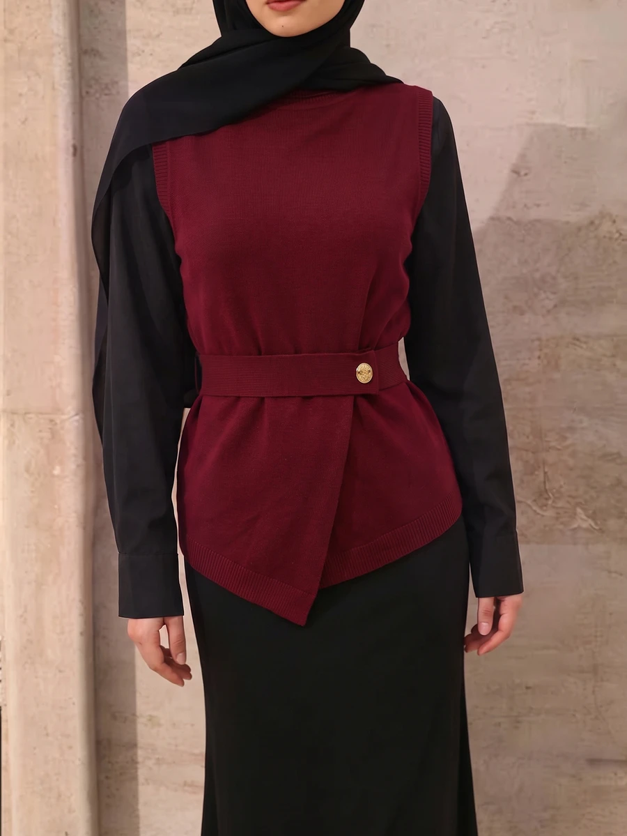 Graceveil Women's Lace-Up High Neck Premium Sleeveless Sweater Vest, Autumn/Winter - Burgundy - View 1