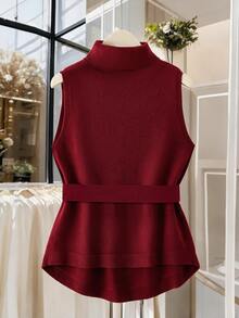 Graceveil Women's Lace-Up High Neck Premium Sleeveless Sweater Vest, Autumn/Winter - Burgundy - View 2