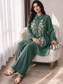 Seusyu Plus Size Floral Print Single-Breasted Long Sleeve Shirt And Loose Long Pants 2 Pieces Set Formal Party Morning Fall Elegant - Green - View 1