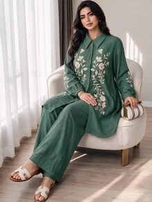 Seusyu Plus Size Floral Print Single-Breasted Long Sleeve Shirt And Loose Long Pants 2 Pieces Set Formal Party Morning Fall Elegant - Green - View 2