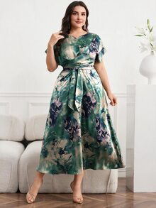 Seusyu Plus Size Women Tie Dye Bat Print Ruched Elegant Midi Dress, Short Sleeve - Multicolor - View 2