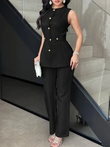 Feyla 女款純色圓領單排扣上衣與長褲休閒成熟優雅日常辦公晚餐2件套工作套裝黑色夏季 - 黑色 - 查看 7