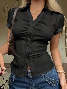 CovetEZ Kemeja Wanita Polos Lengan Pendek Bahu Reguler Kancing Depan Pas Badan, Atasan Musim Panas, Hitam - Hitam - View 3