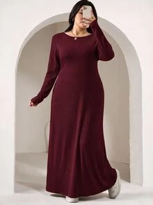 Seusyu 大码女式休闲日常通勤简约纯色长袖收腰连衣裙，春秋季 - 酒紅色 - 查看 1
