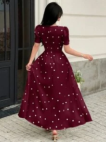 Feyla Polka Dot Bubble Short Sleeve Elegant Dress - Burgundy - View 3
