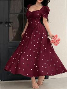 Feyla Polka Dot Bubble Short Sleeve Elegant Dress - Burgundy - View 6