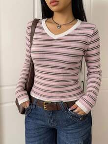 CovetEZ Casual Minimalist Style Pink Striped V-Neck Women's Sweater Suitable For Early Autumn - Multicolor - View 6