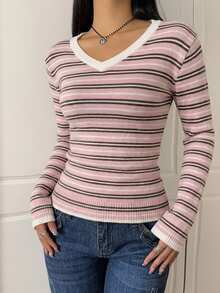 CovetEZ Casual Minimalist Style Pink Striped V-Neck Women's Sweater Suitable For Early Autumn - Multicolor - View 7