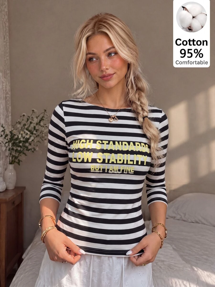 CovetEZ 休閒街頭風極簡 95% 棉 性感露肩 黑白條紋標語 3/4 袖 T-shirt,夏季上衣,適合秋季、聖誕、新年 - 彩色 - 查看 1