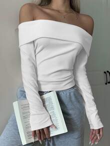 CovetEZ White Knitted Off-Shoulder Tight Fit Women T-Shirt - White - View 6