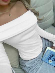 CovetEZ White Knitted Off-Shoulder Tight Fit Women T-Shirt - White - View 2