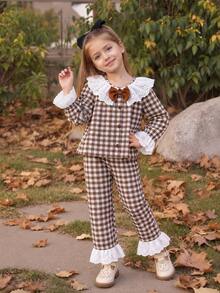 Girl's Cute Plaid-Print Floral Young Girl Open-Front Button Long-Sleeve Pajama Set With Lace- Collar And Bowknot Embellishments,Suitable For Outdoor Wear - Coffee Brown - View 4