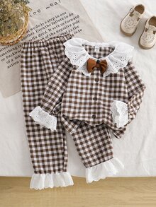 Girl's Cute Plaid-Print Floral Young Girl Open-Front Button Long-Sleeve Pajama Set With Lace- Collar And Bowknot Embellishments,Suitable For Outdoor Wear - Coffee Brown - View 10