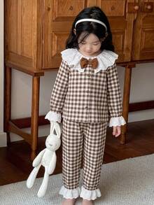 Girl's Cute Plaid-Print Floral Young Girl Open-Front Button Long-Sleeve Pajama Set With Lace- Collar And Bowknot Embellishments,Suitable For Outdoor Wear - Coffee Brown - View 3