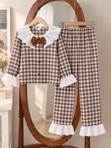 Girl's Cute Plaid-Print Floral Young Girl Open-Front Button Long-Sleeve Pajama Set With Lace- Collar And Bowknot Embellishments,Suitable For Outdoor Wear - Coffee Brown - View 6