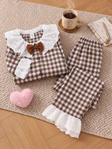 Girl's Cute Plaid-Print Floral Young Girl Open-Front Button Long-Sleeve Pajama Set With Lace- Collar And Bowknot Embellishments,Suitable For Outdoor Wear - Coffee Brown - View 8