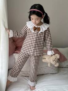 Girl's Cute Plaid-Print Floral Young Girl Open-Front Button Long-Sleeve Pajama Set With Lace- Collar And Bowknot Embellishments,Suitable For Outdoor Wear - Coffee Brown - View 1