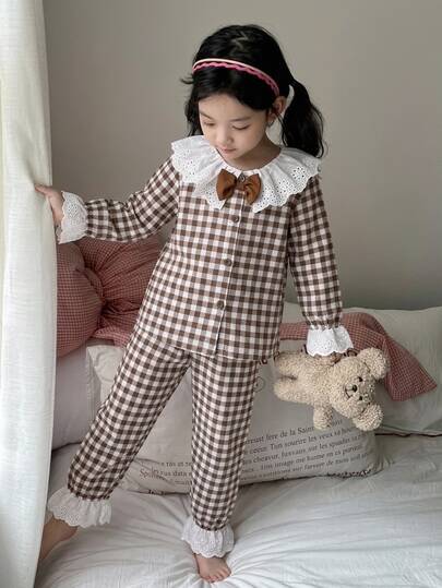 Girl's Cute Plaid-Print Floral Young Girl Open-Front Button Long-Sleeve Pajama Set With Lace- Collar And Bowknot Embellishments,Suitable For Outdoor Wear
