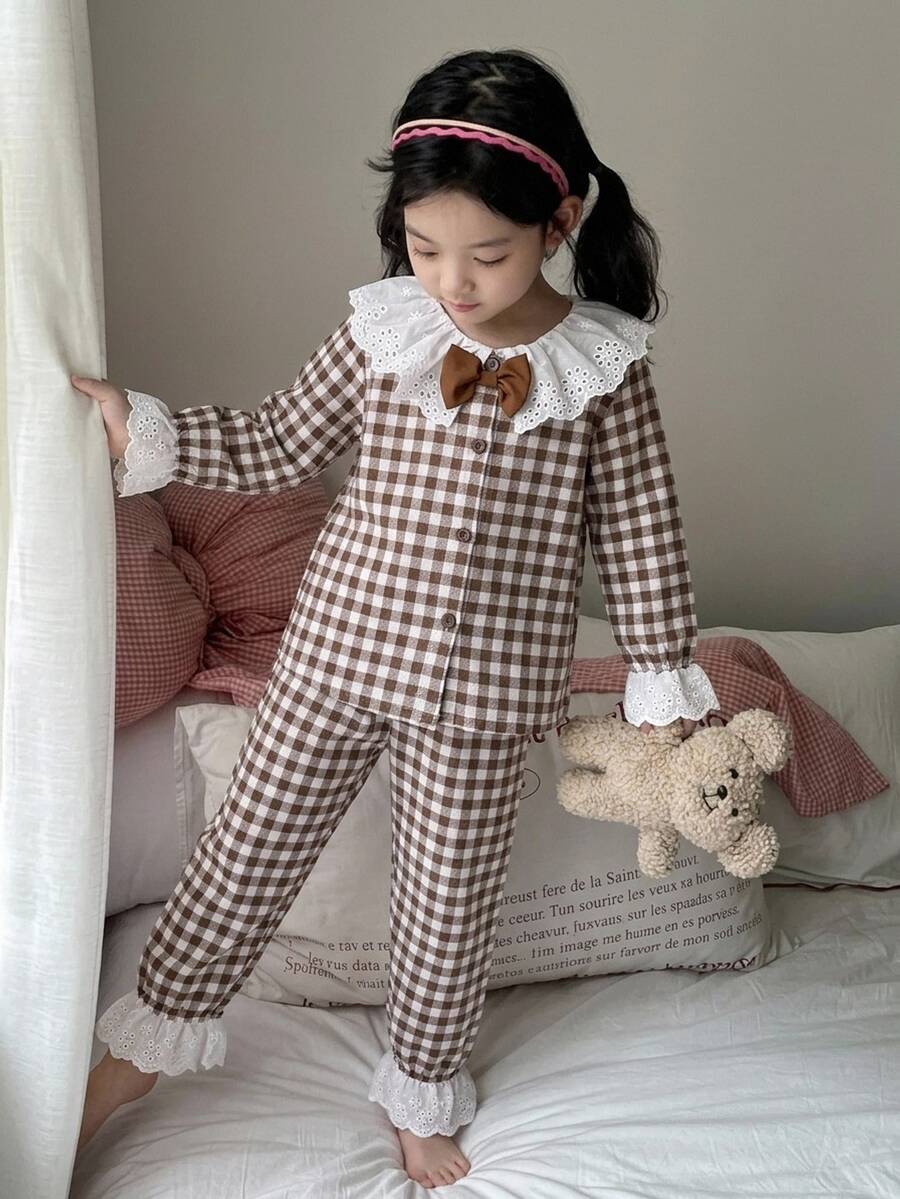 Girl's Cute Plaid-Print Floral Young Girl Open-Front Button Long-Sleeve Pajama Set With Lace- Collar And Bowknot Embellishments,Suitable For Outdoor Wear - Coffee Brown - View 1