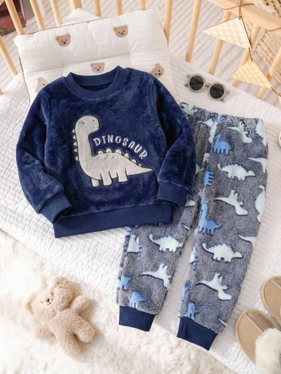 SHEIN 2pcs/Set Kids Young Boys Cute Fun Dinosaur Print Design Double- Fleece Loungewear, Warm And Comfortable Fabric, Suitable For Wear, For Autumn Winter - Navy Blue - View 1