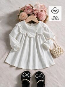 Souflis Souflis Baby Girl Elegant Petal Collar Long Sleeve Puff Sleeve A-Line Dress, Suitable For Delicate Baby Skin, All-Season Autumn Fall - White - View 4