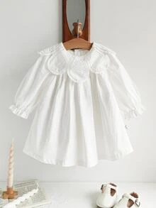 Souflis Souflis Baby Girl Elegant Petal Collar Long Sleeve Puff Sleeve A-Line Dress, Suitable For Delicate Baby Skin, All-Season Autumn Fall - White - View 5