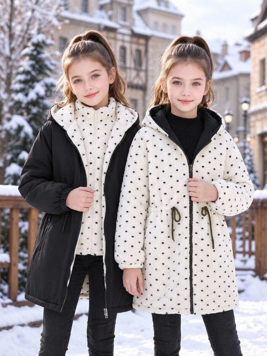 SHEIN Tween女孩秋冬休閒可反穿中長版抓絨外套，黑白波點，黑色拉鍊口袋，寬鬆版型，加厚保暖內裡冬季外套，黑色女孩外套，兒童外套 - 黑與白 - 查看 1