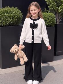 SHEIN Fall Tween Girl Tween Girl Black  White Colorblock Bow Cardigan Sweater  Ruffle Hem Knit Pants 2pcs Set School Formal Beige Cute Matching - Black and White - View 1