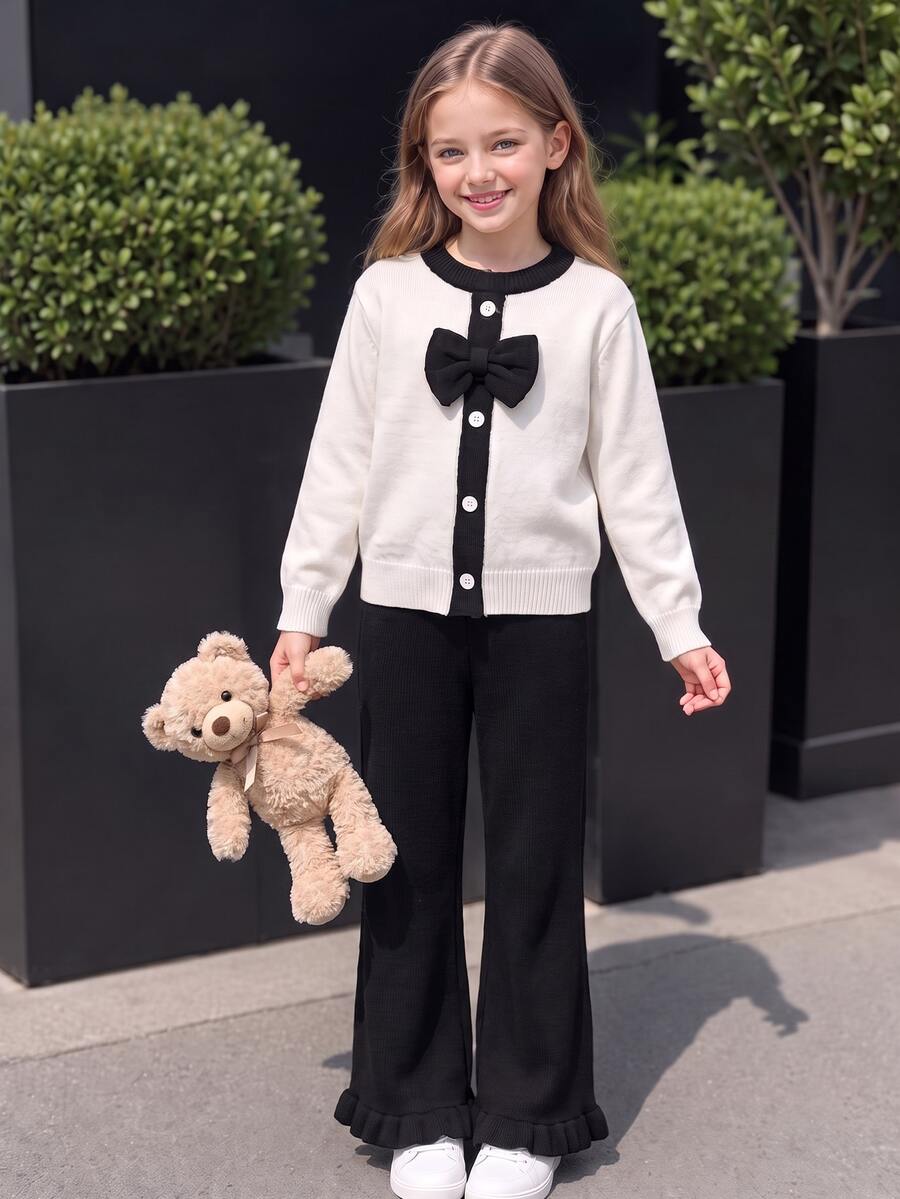 SHEIN Fall Tween Girl Tween Girl Black White Colorblock Bow Cardigan Sweater Ruffle Hem Knit Pants 2pcs Set School Formal Beige Cute Matching - Black and White - View 1